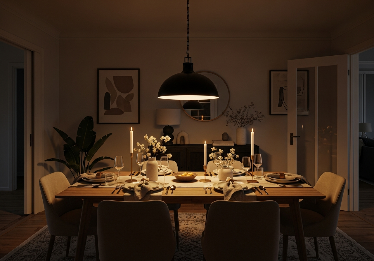 Dining room with proportionally scaled pendant light hanging 32 inches above a styled table with dimmed warm lighting