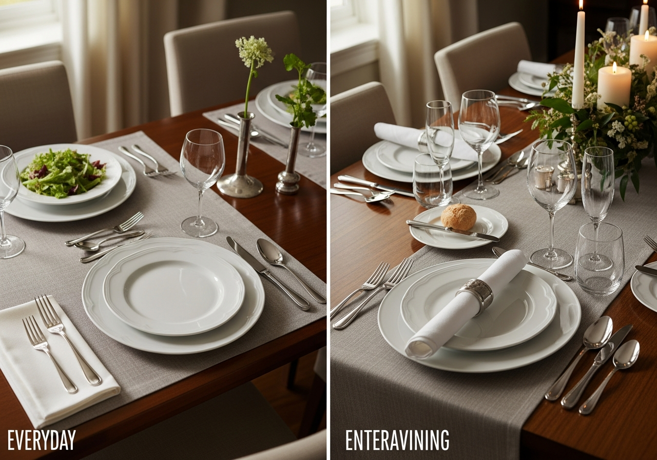 Side-by-side comparison of an everyday table setting and an entertaining table setting using the same base dinnerware