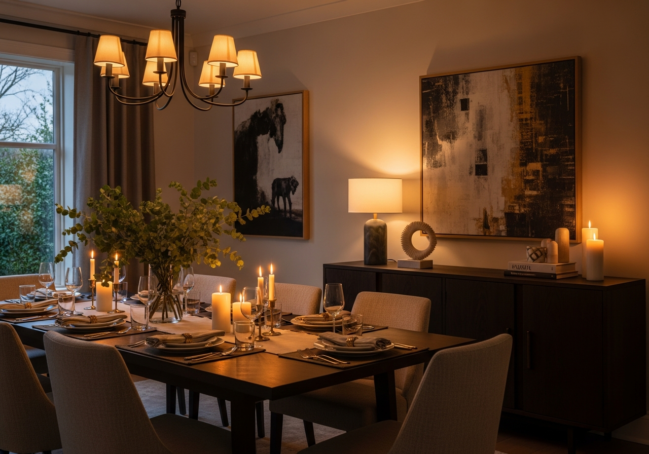 Dining room with three lighting layers including a dimmed chandelier, sideboard table lamp, and table candles creating warm ambiance