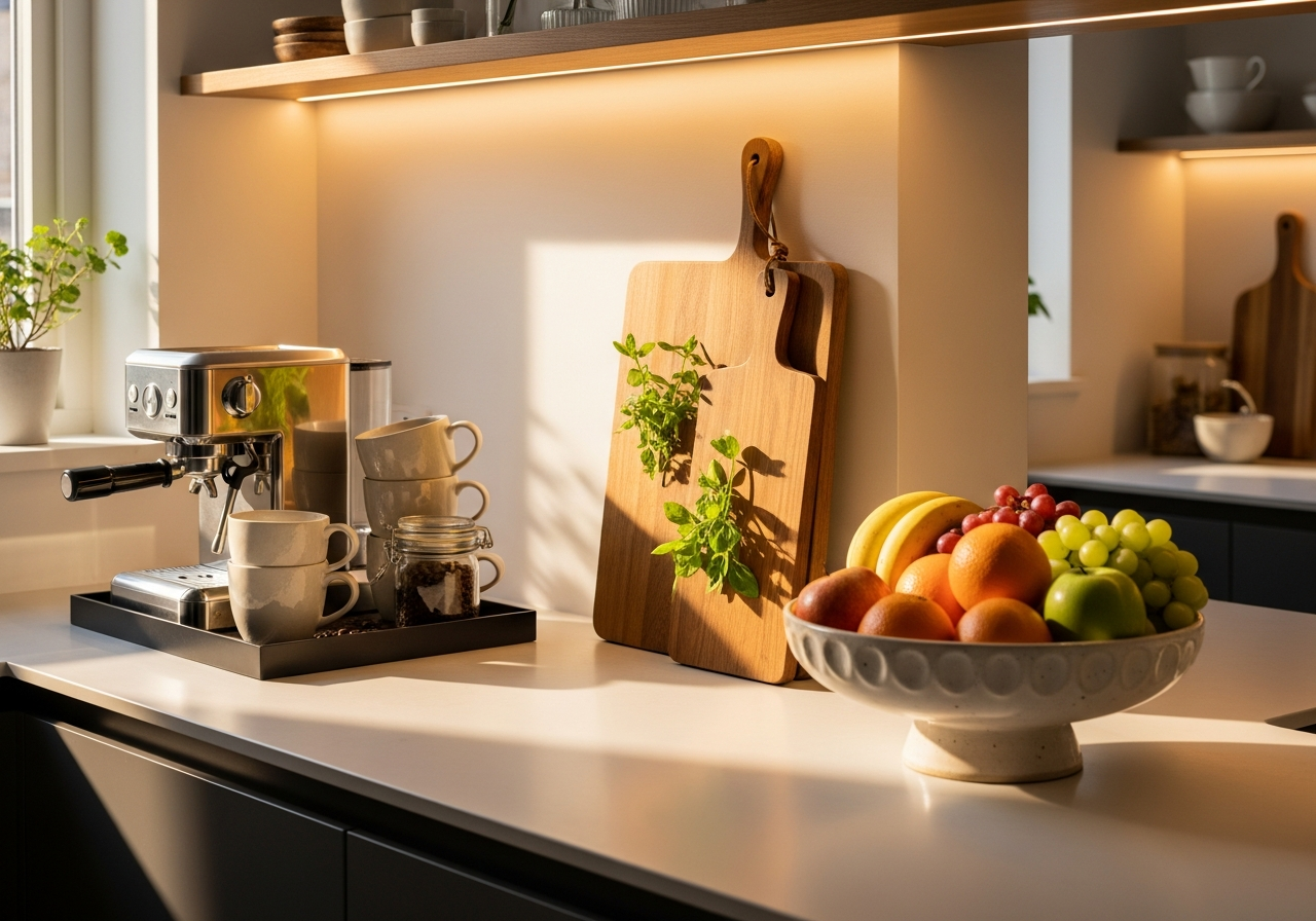 Clean kitchen counter with organized zones showing a coffee station tray, cutting board display, and fruit bowl