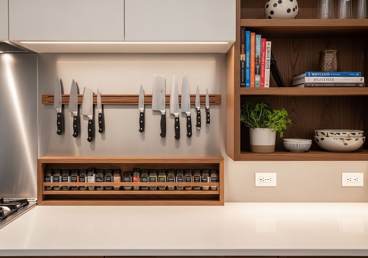 Kitchen wall with magnetic knife strip, under-cabinet spice rack, and open shelving freeing up counter space below