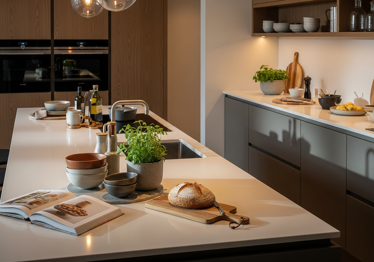 Island kitchen with styled front-facing counter display and clear workspace on the prep side