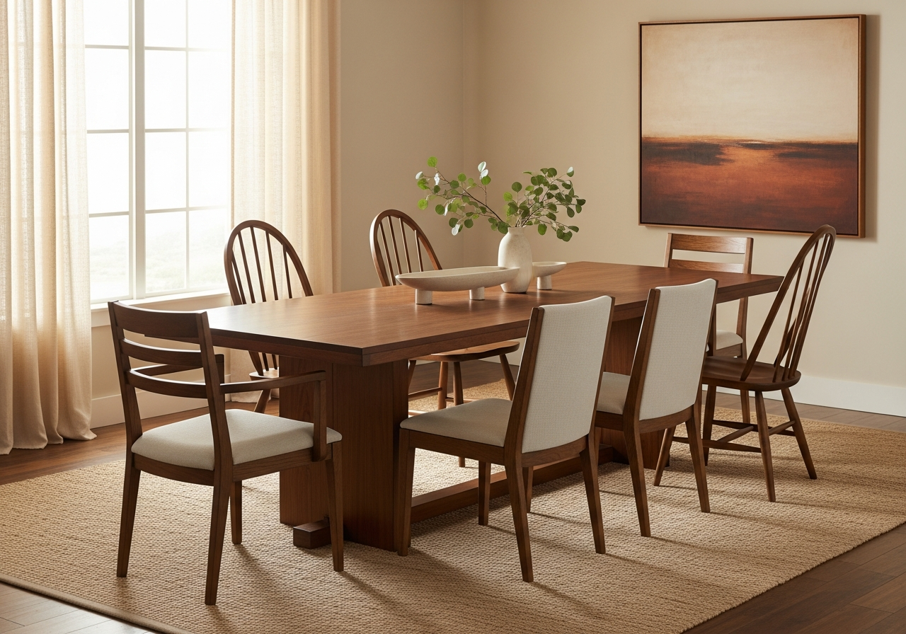 Dining room with mixed chair styles sharing a common wood tone and upholstery color for cohesive coordination