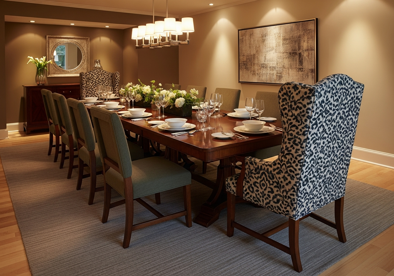 Dining table with patterned upholstered host chairs at the ends and solid-colored side chairs creating a designer look