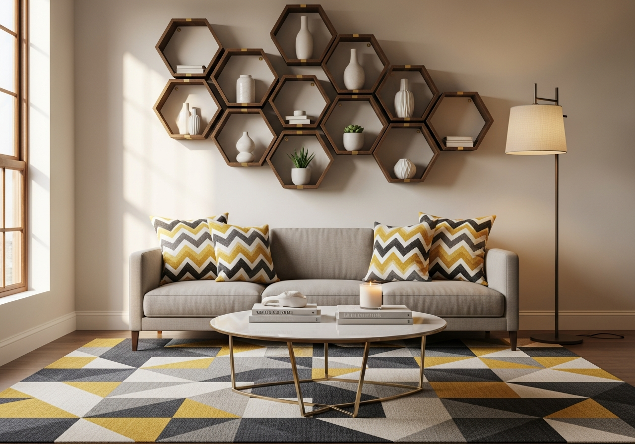 Modern living room featuring a geometric patterned rug, hexagonal wall shelves, and chevron throw pillows in coordinated colors