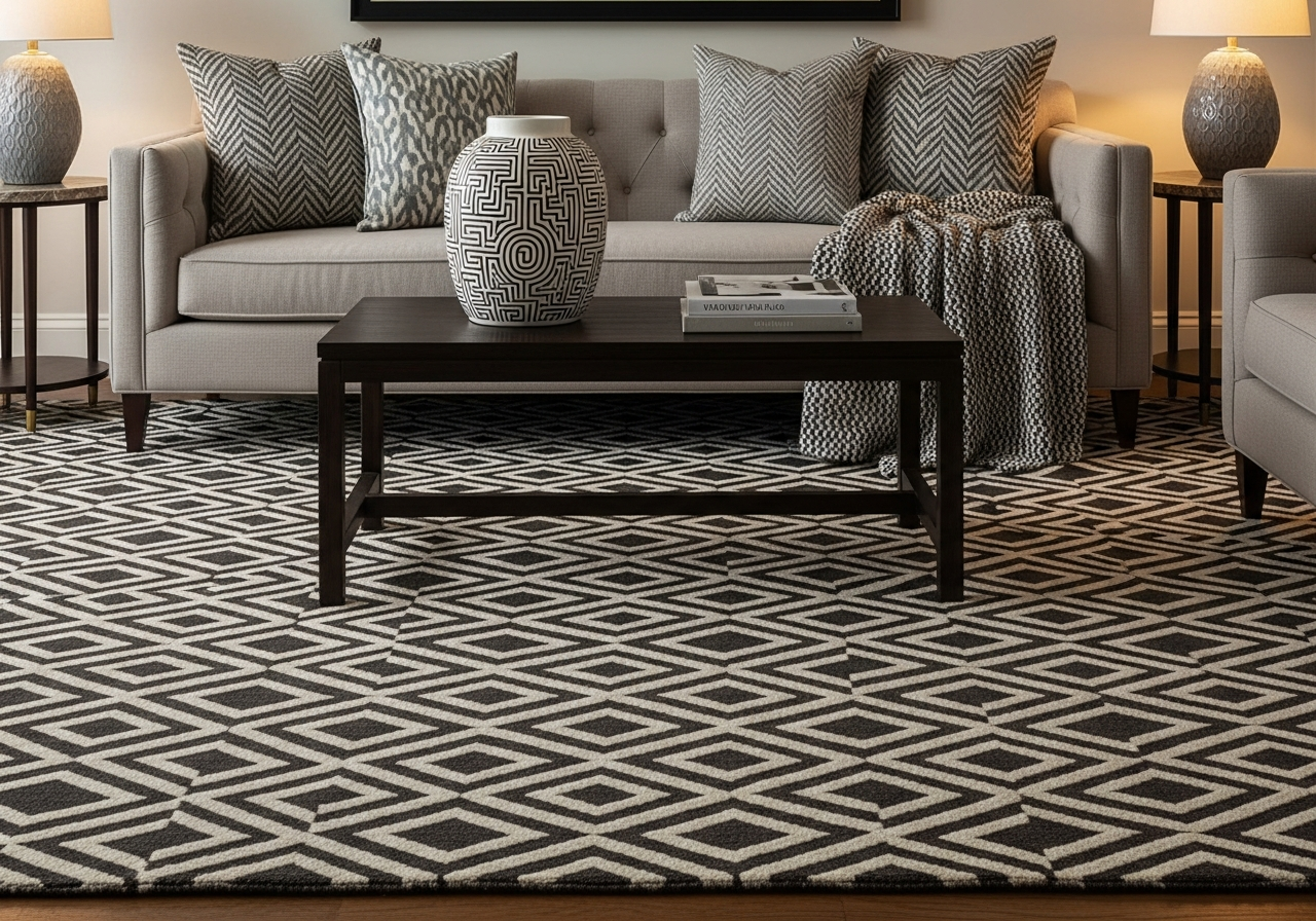Room showing three scales of geometric pattern: large-scale rug, medium-scale pillows, and small-scale vase creating visual hierarchy
