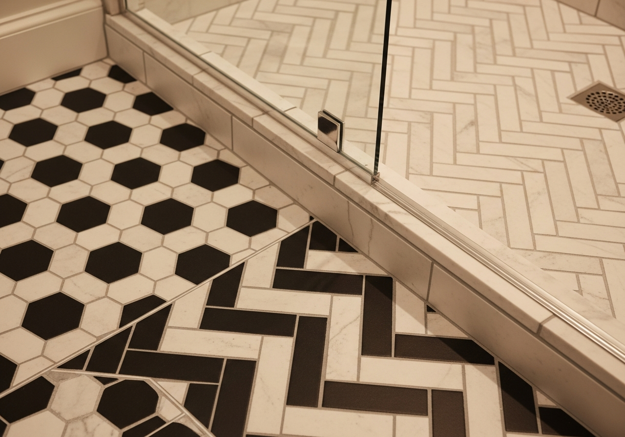 Bathroom floor with black and white hexagonal tiles transitioning to a herringbone pattern in the shower enclosure