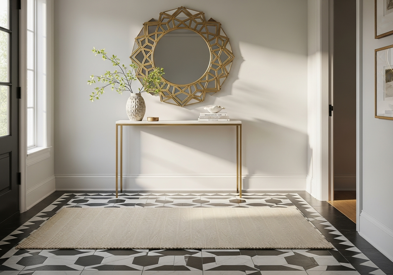 Entryway with black and white encaustic tile floor, geometric sunburst mirror, and a herringbone patterned runner