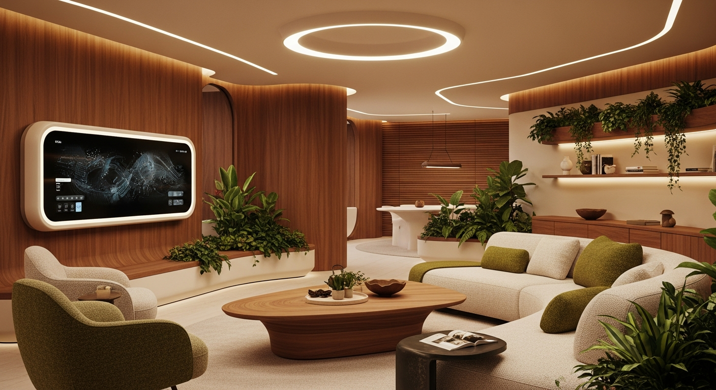 Futuristic but warm home interior blending technology with natural materials, representing 2027 design predictions