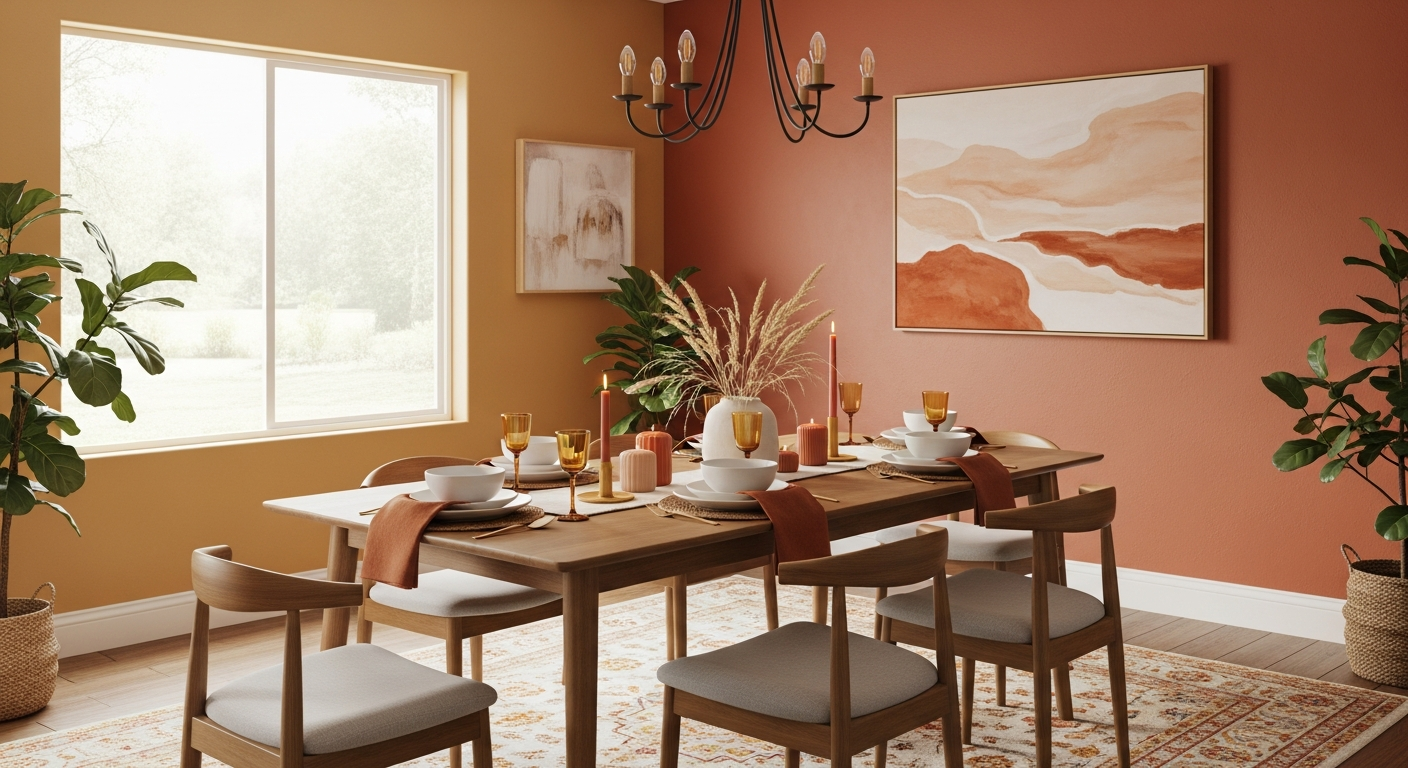 Dining room with warm terracotta walls creating inviting atmosphere