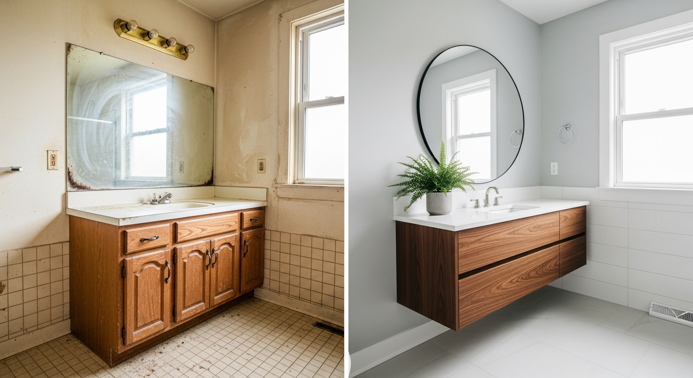 Before and after comparison of a completed DIY bathroom renovation showing dramatic transformation