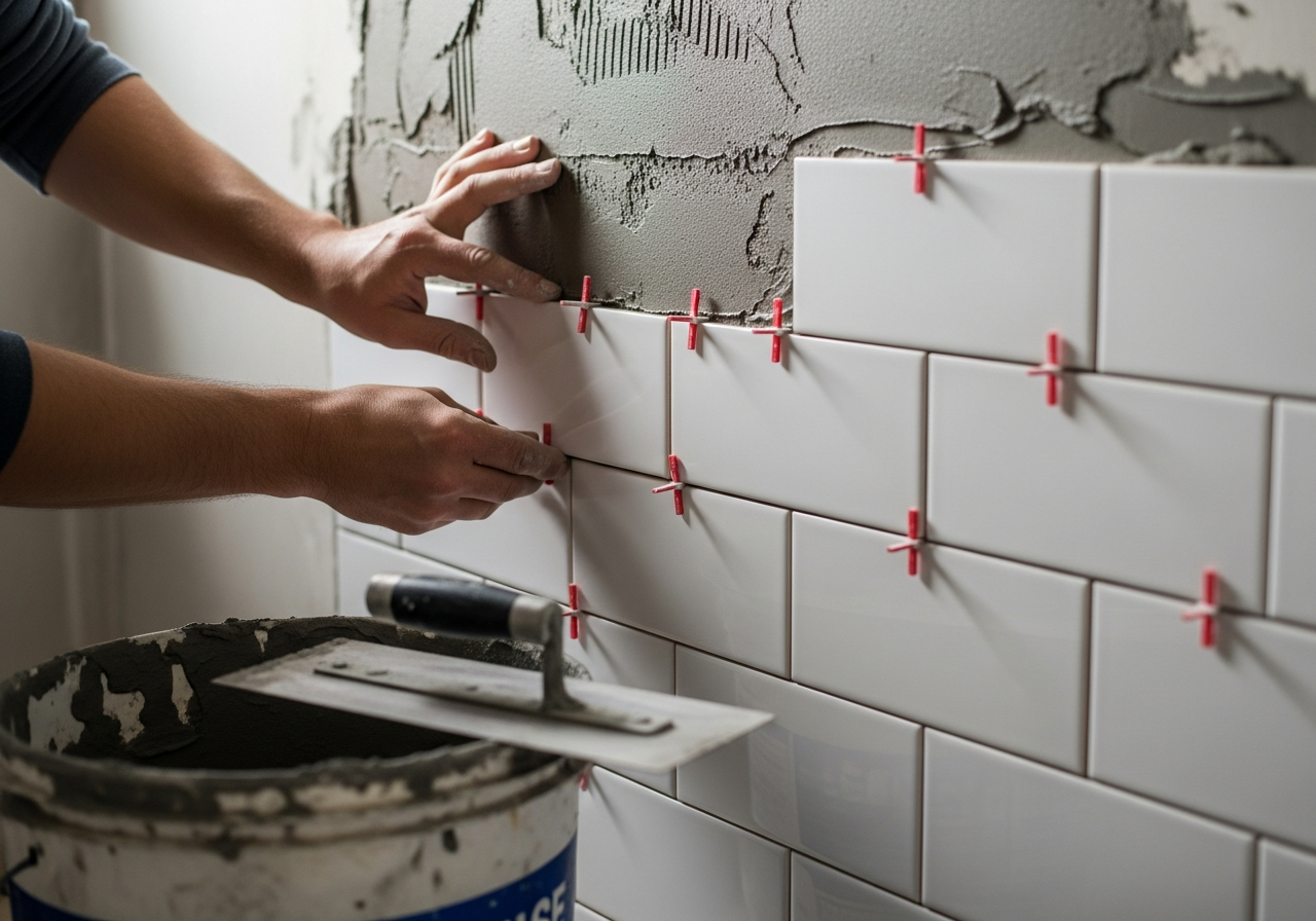 Hands installing white subway tile on bathroom wall with tile spacers and thinset mortar