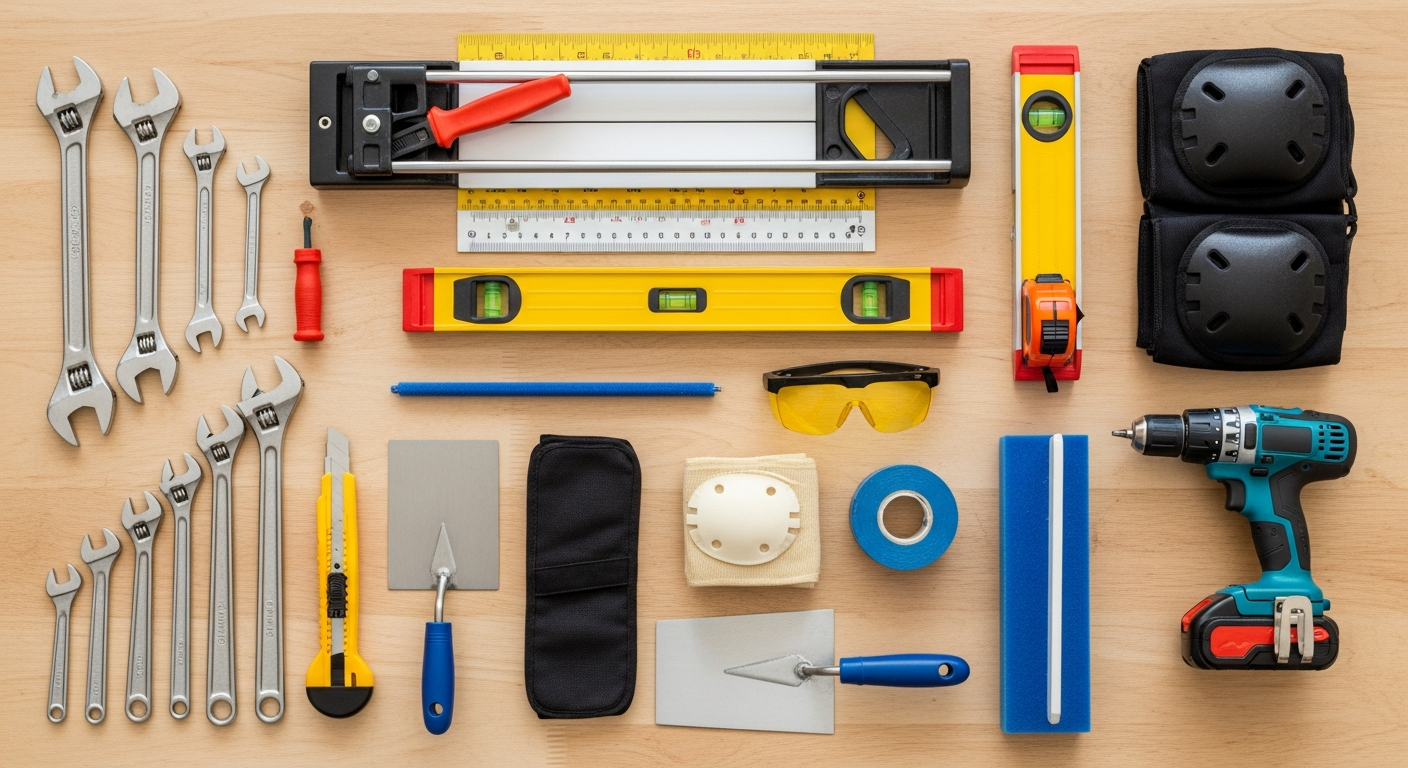 Essential DIY bathroom remodel tools organized on a workbench including wrenches, tile cutter, level, drill, and safety gear