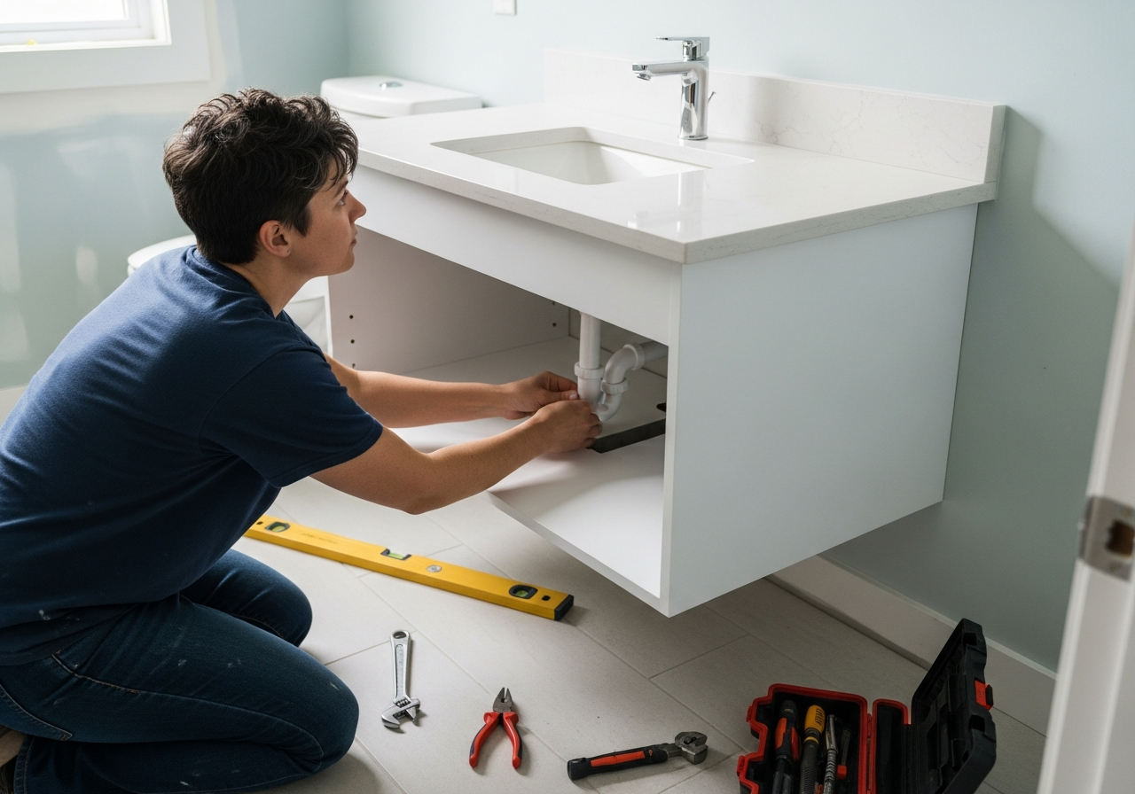 Homeowner installing a new floating vanity and connecting plumbing underneath