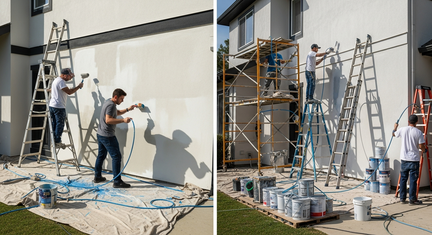 Side by side timeline comparison showing DIY versus professional exterior painting project duration
