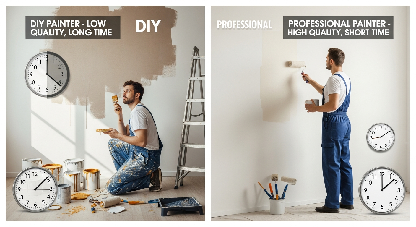 Split image showing DIY painter and professional painting team