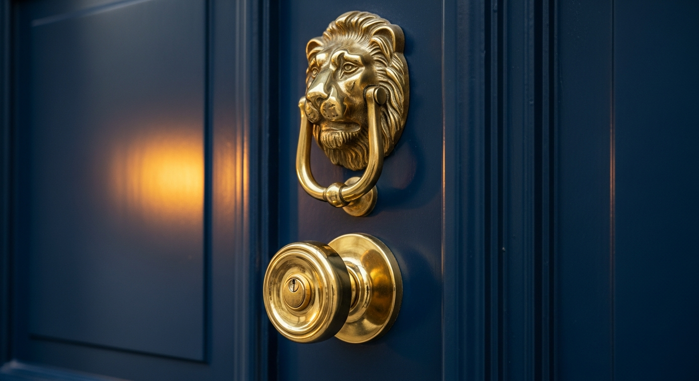 Close-up of coordinated exterior door hardware including handle, knocker, and house numbers in matte black finish