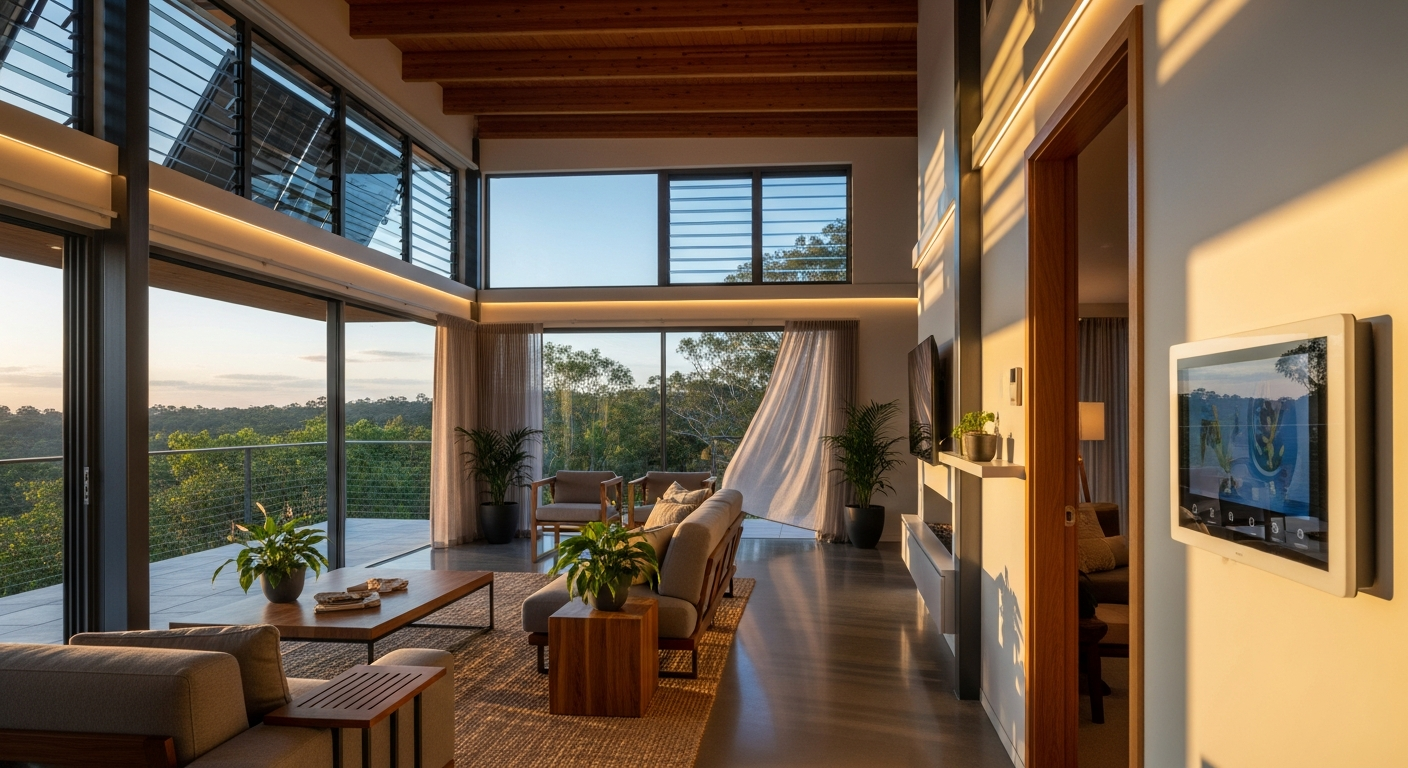 Modern home with passive design features, natural light, and smart controls