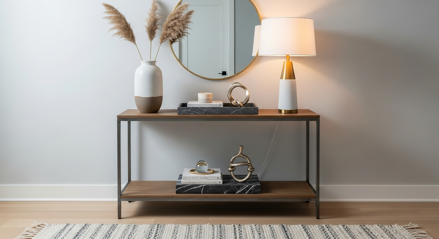 Beautifully styled entryway console table with mirror and lamp