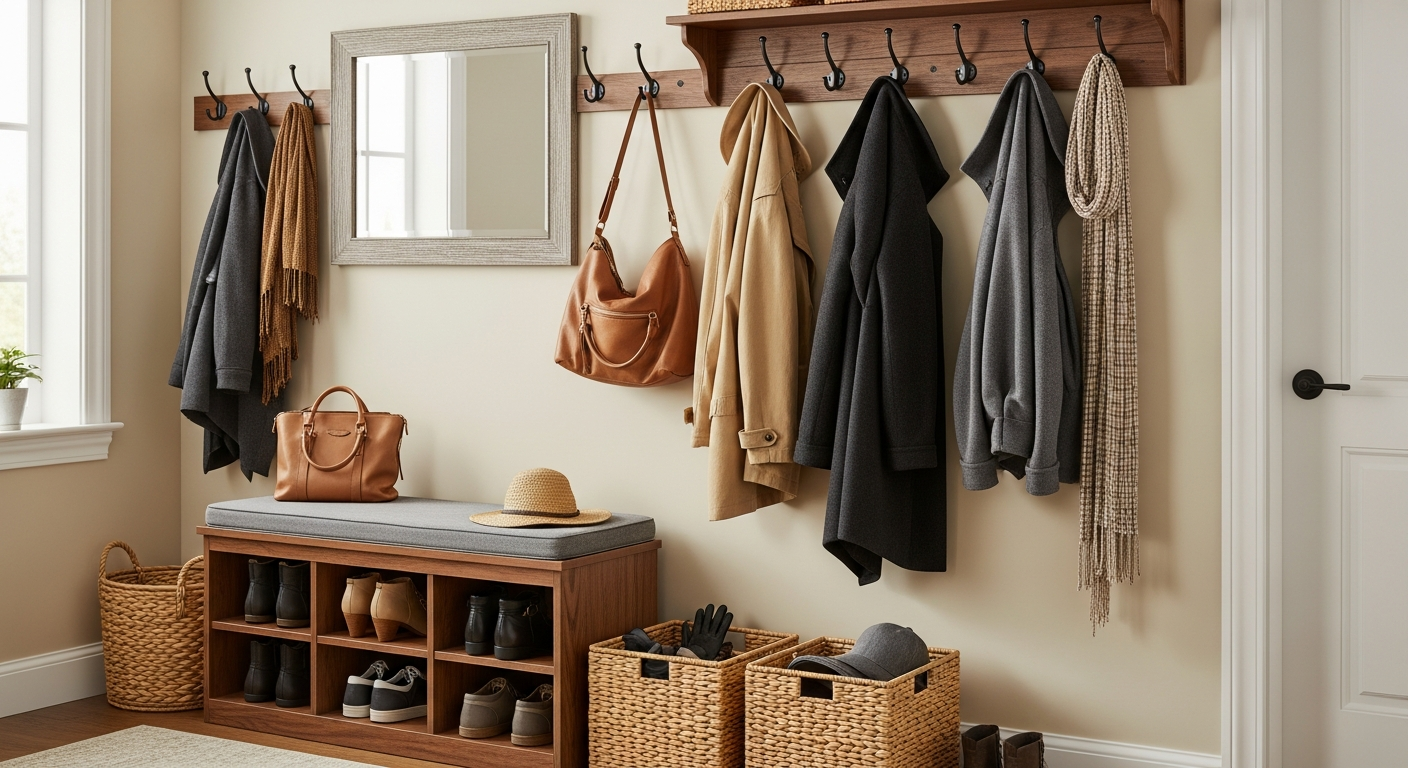 Organized entryway with coat hooks, shoe storage, and console