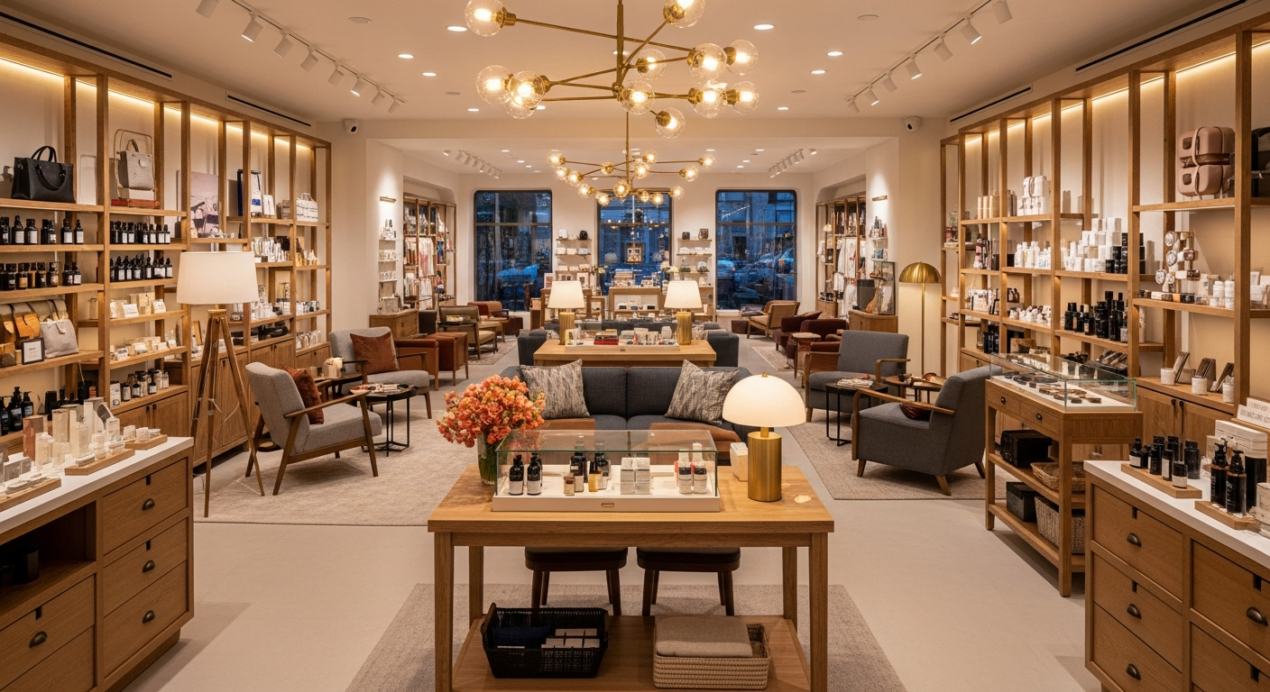 Innovative experiential retail store with residential warmth, curated displays, and comfortable seating areas
