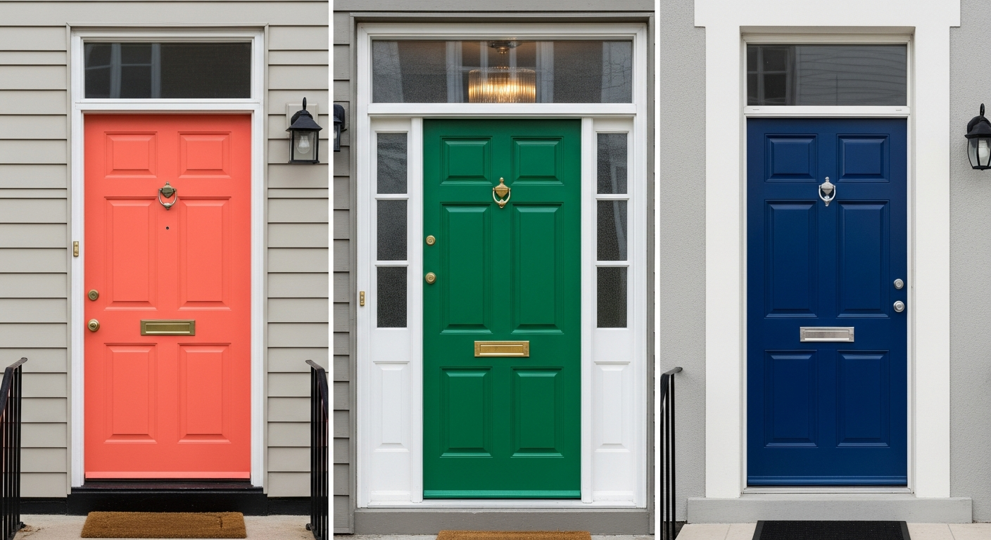 Grid of front doors painted in trending bold colors including mustard, teal, and deep red