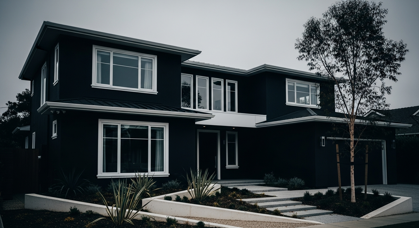 Dramatic charcoal-painted modern home with white trim showcasing the moody dark exterior trend