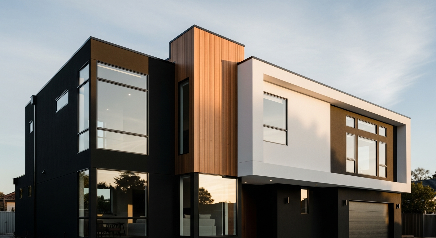 Contemporary home with high-contrast dark body and white trim color scheme