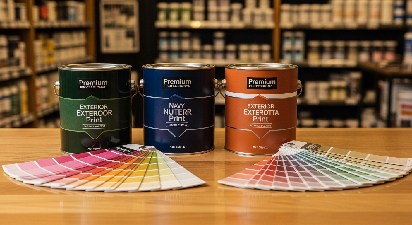 Three paint cans side by side from Sherwin-Williams, Benjamin Moore, and Behr with color swatches