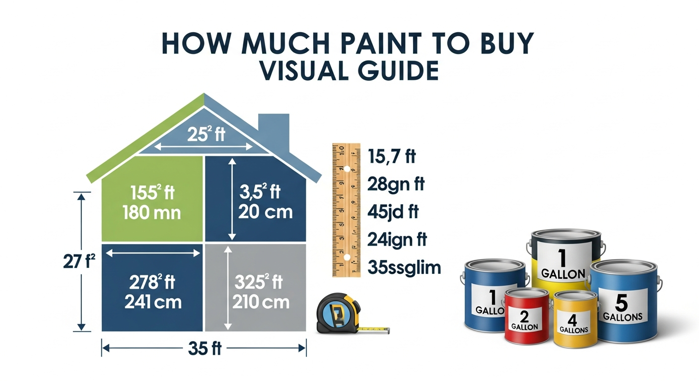 Paint quantity calculator infographic showing formula for determining gallons needed