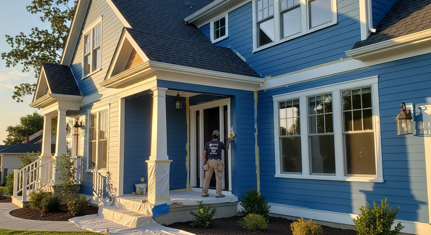 Completed exterior paint job with organized leftover paint cans labeled for storage