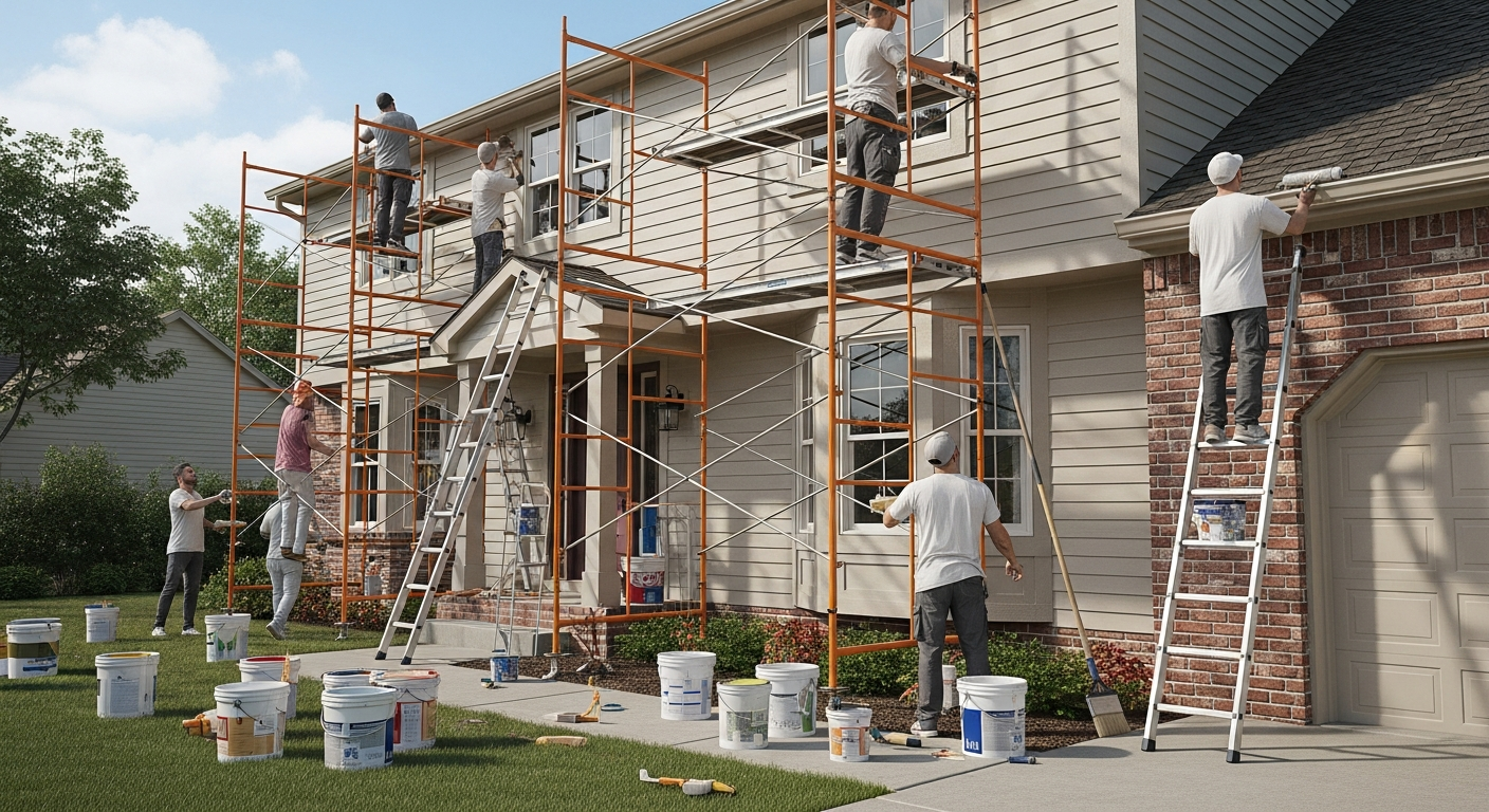 Professional painters working on house exterior