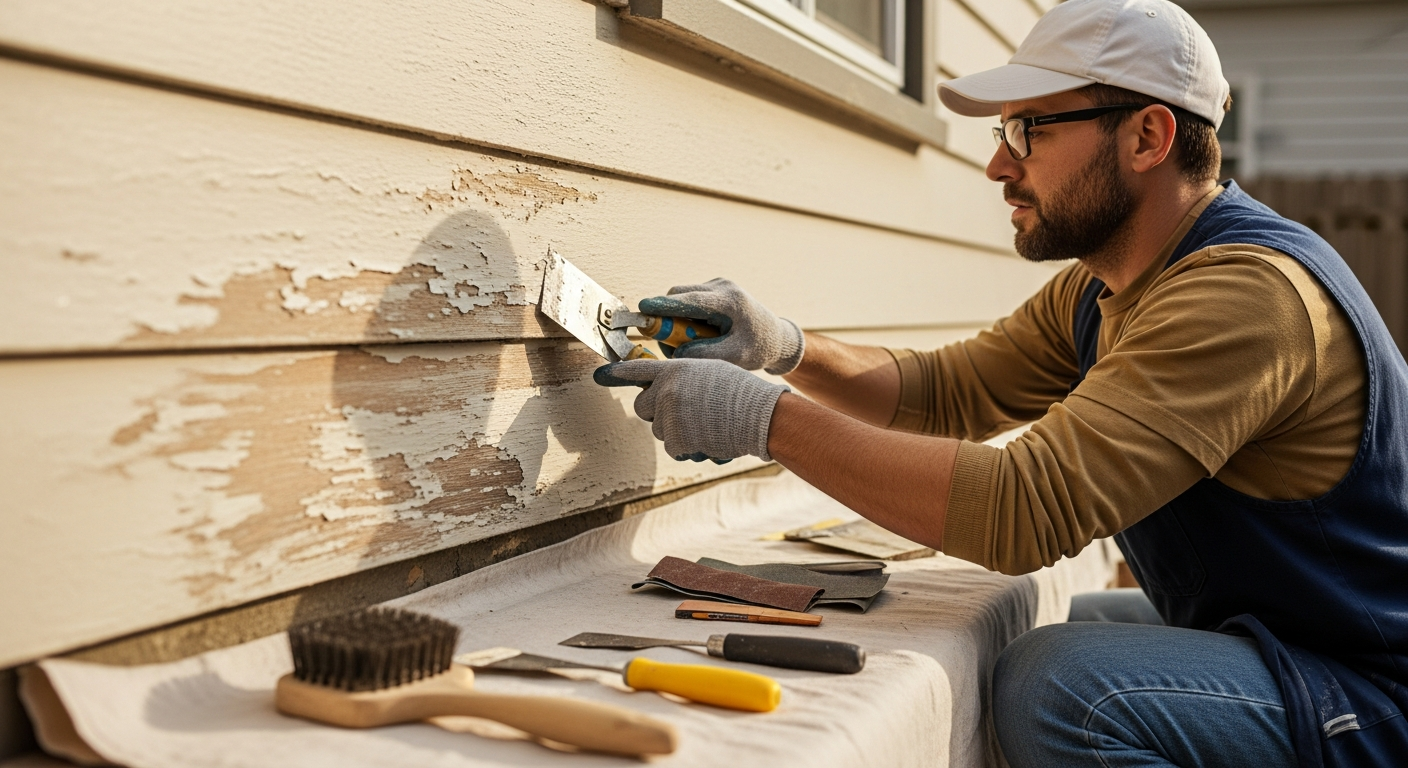 Homeowner scraping old paint from wood siding with prep tools laid out