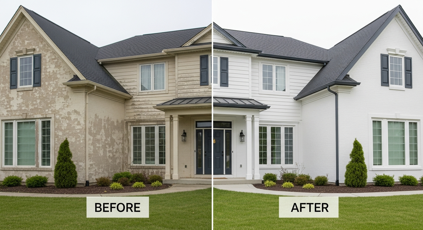 Before and after of home exterior painting transformation showing dramatic curb appeal improvement