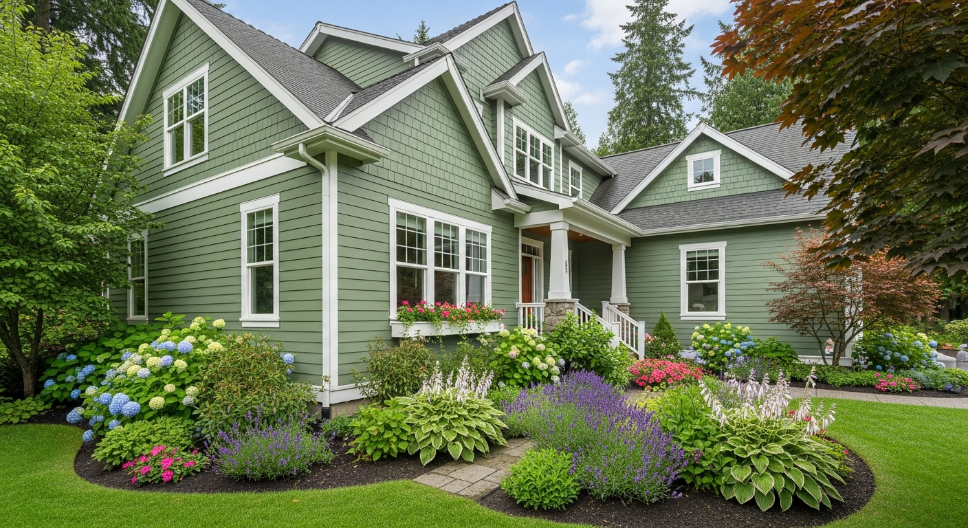 Beautiful home painted in trending sage green tones with cream trim and natural landscaping