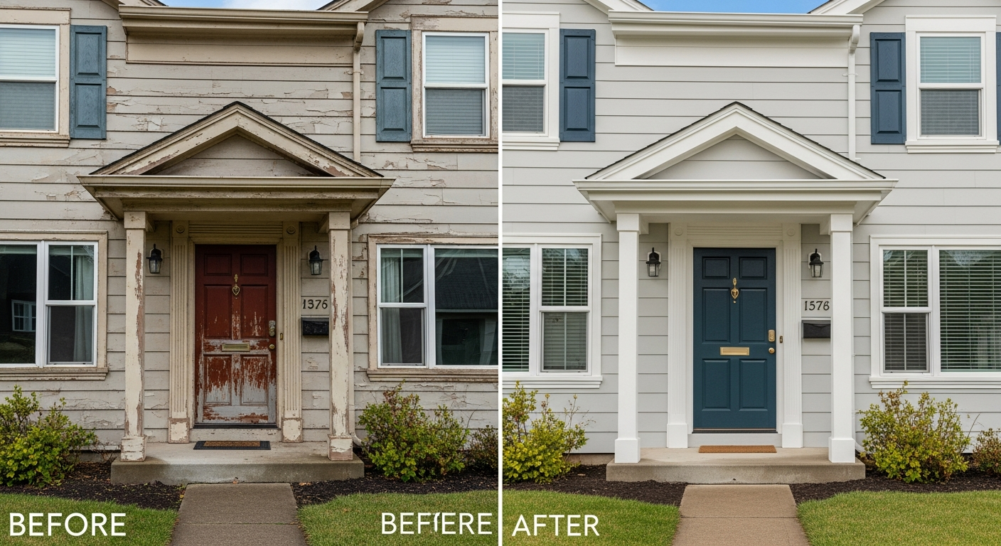 Before and after of home exterior showing the dramatic impact of new trim and door paint colors