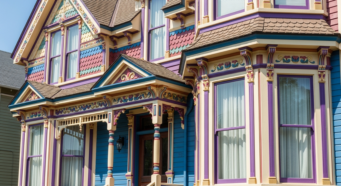 Victorian painted lady home with elaborate multi-color jewel tone paint scheme