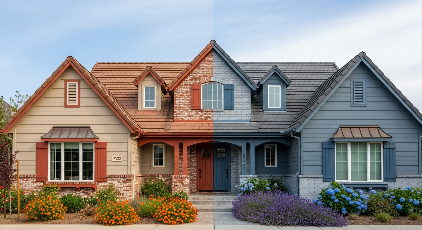 Side-by-side comparison of a home in cool gray versus warm neutral tones showing the 2026 color shift