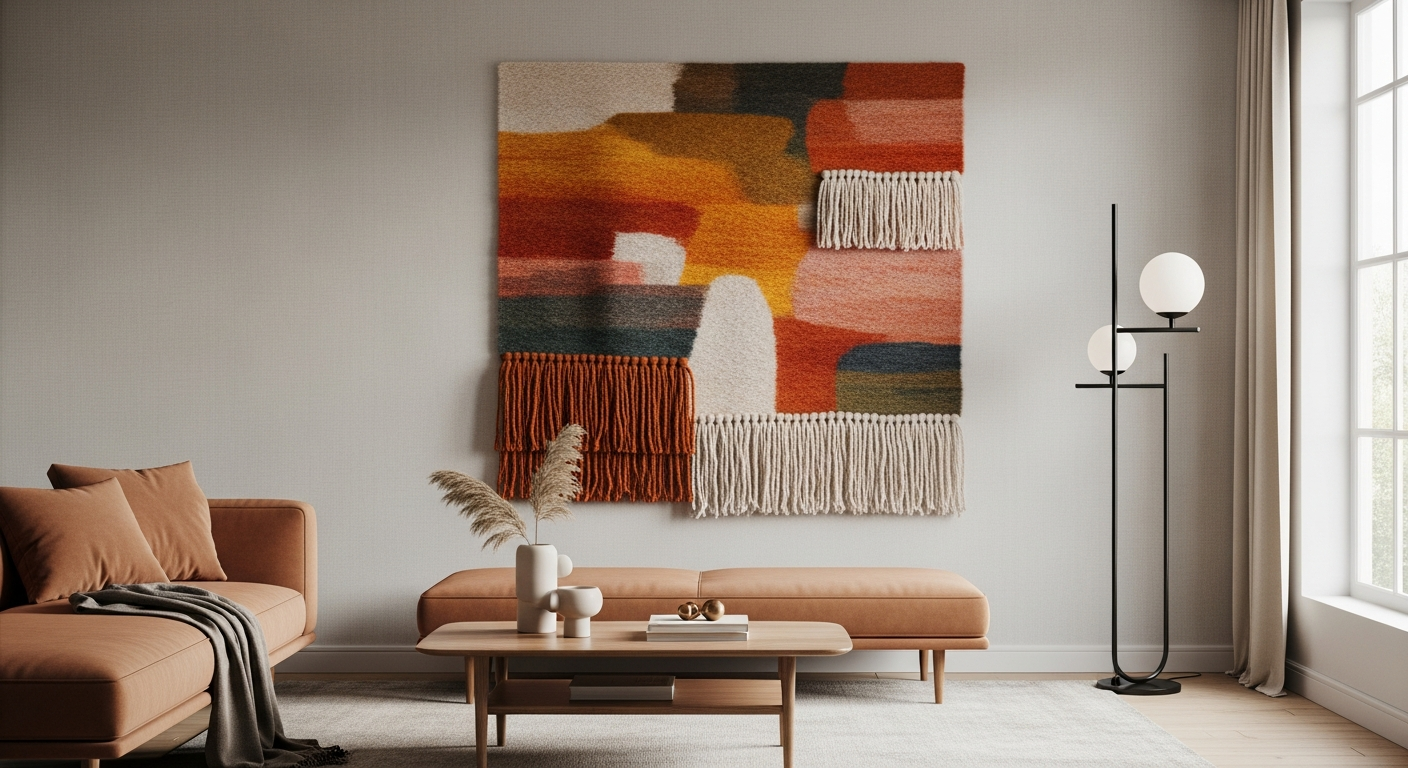 Artisanal fabric wall covering with woven textile art in a modern contemporary room
