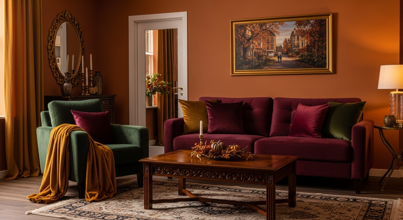 Living room showcasing fall 2026 color palette with burnt umber, burgundy, forest green, and deep gold accents
