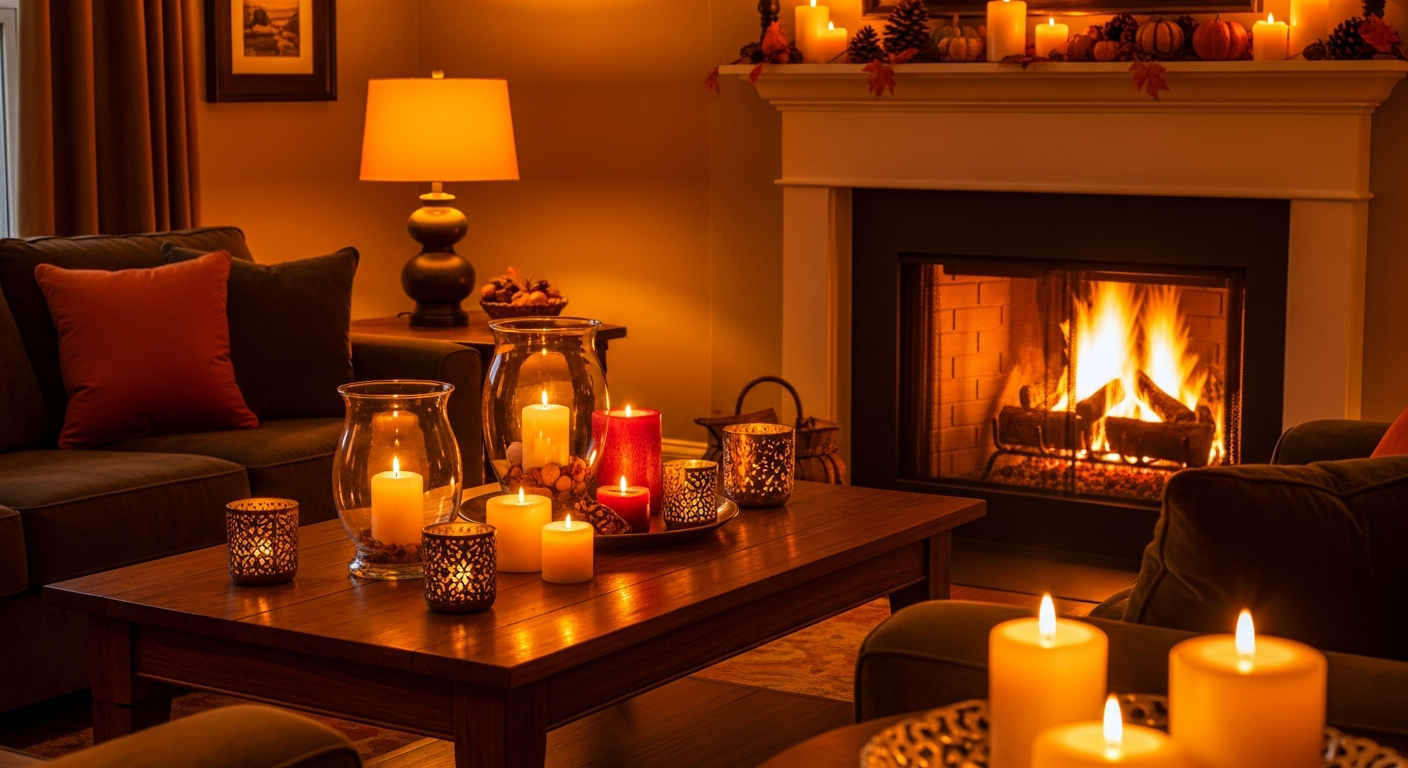 Living room with warm fall lighting featuring candles, table lamps, and warm-toned ambient glow