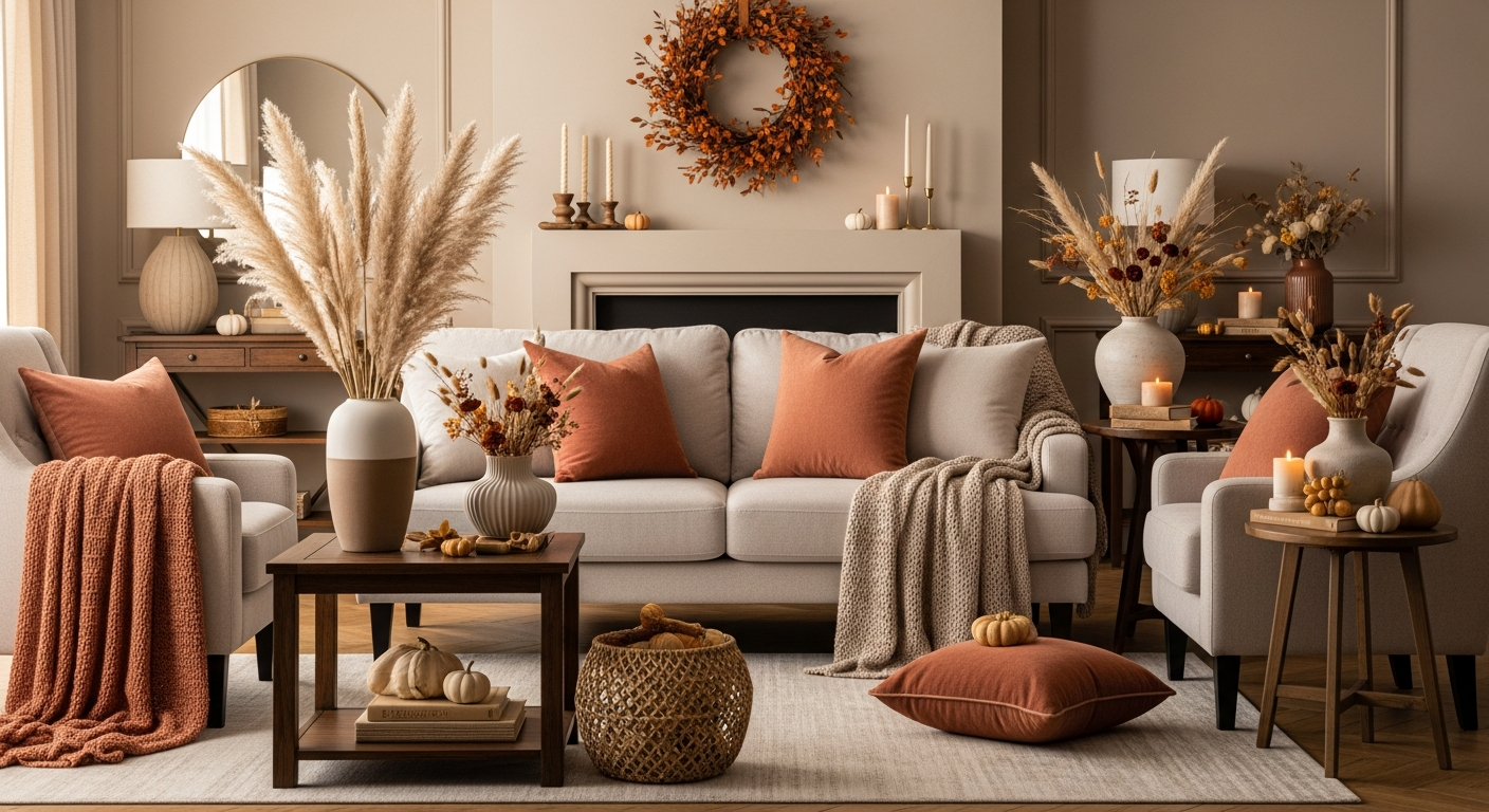 Living room with seasonal fall updates including throw pillows, blankets, and dried botanical arrangements