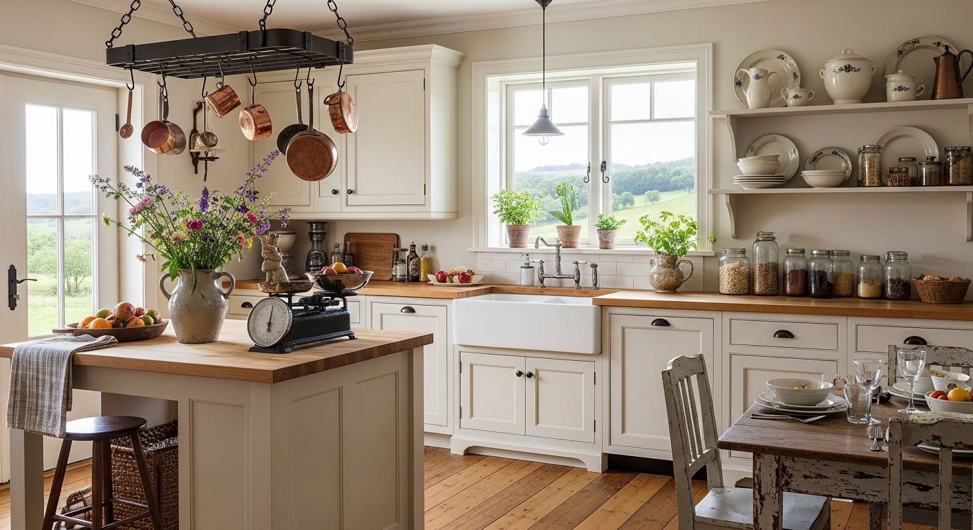 Farmhouse kitchen featuring apron sink, open shelving, and shaker cabinets