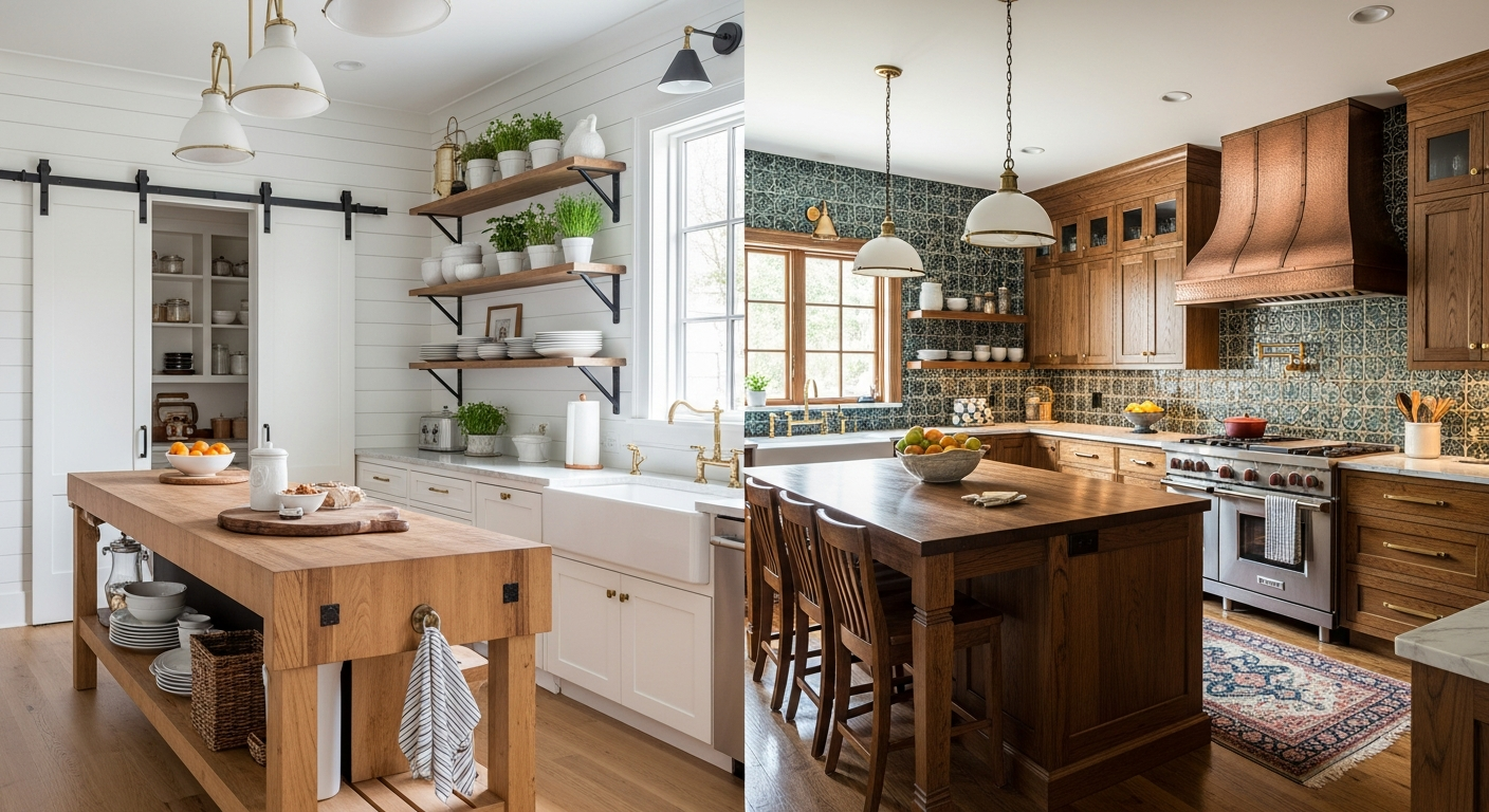 Modern farmhouse kitchen with shiplap versus modern heritage kitchen with rich dark wood and artisanal tile