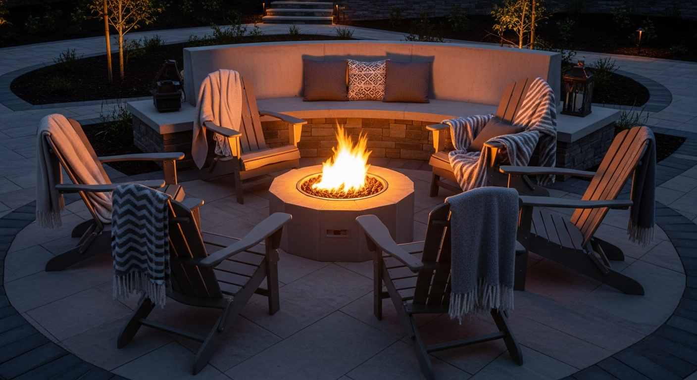 Cozy fire pit seating arrangement with Adirondack chairs