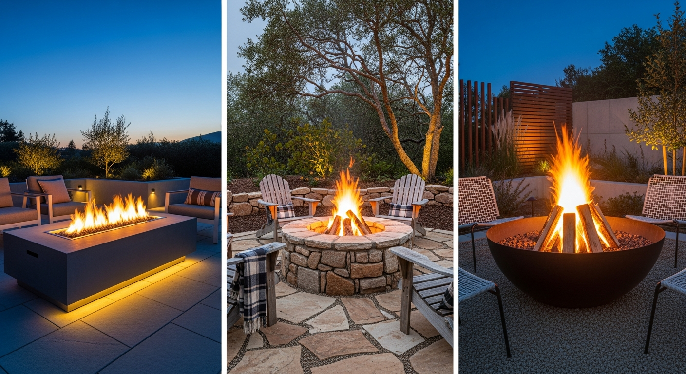Different fire pit styles including built-in stone and portable gas options