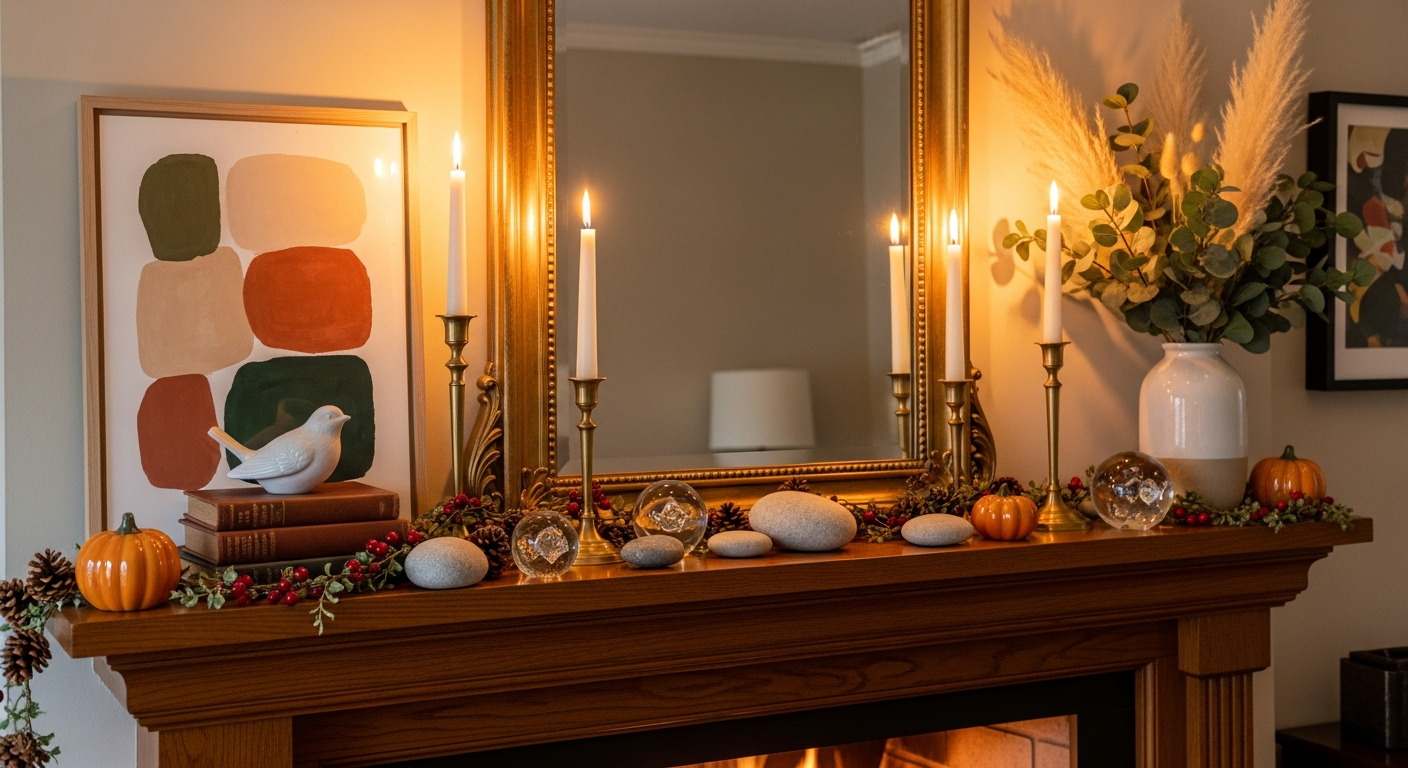 Beautifully styled mantel with layered art and decor