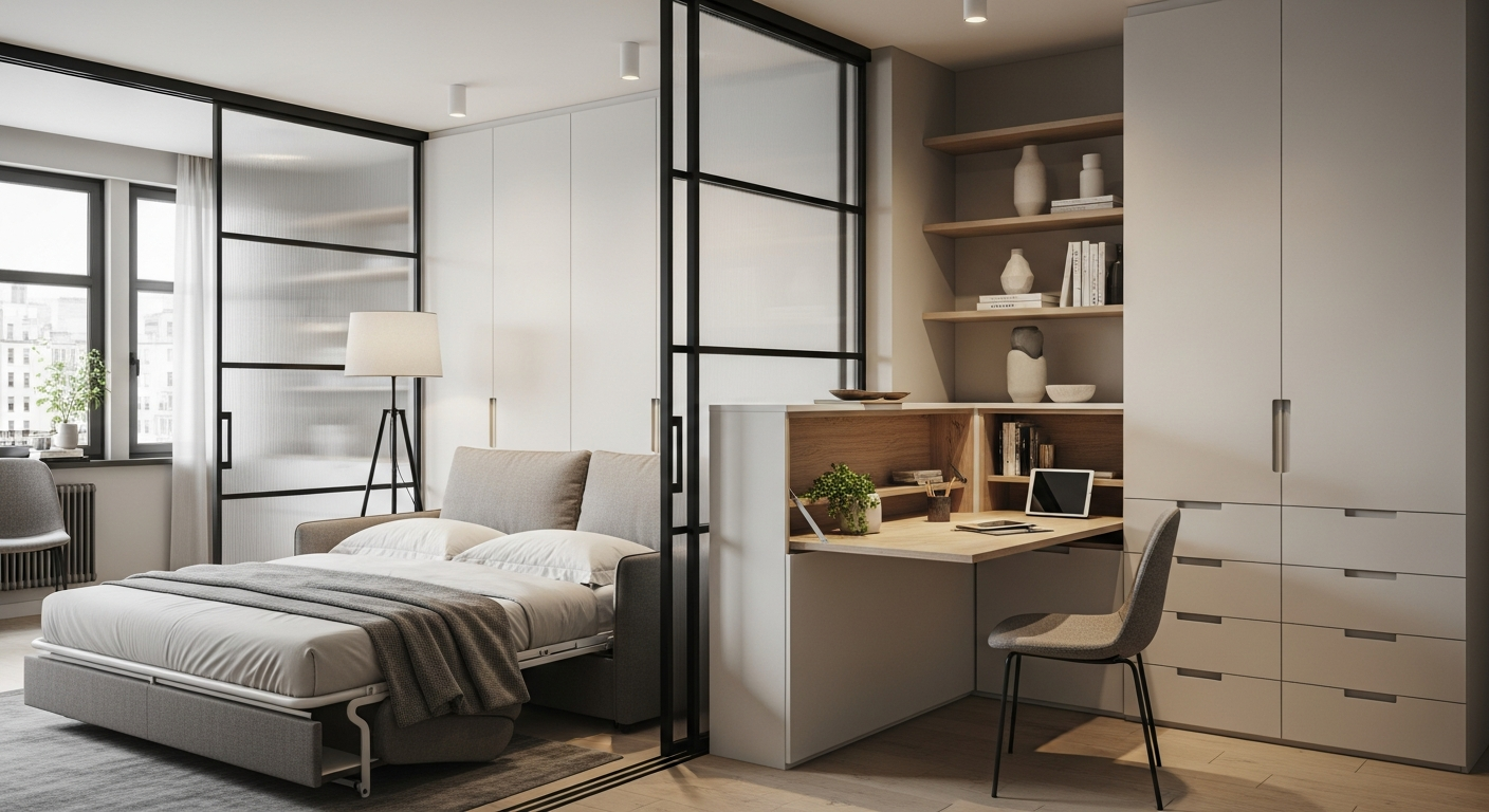 Modular living space with transformable furniture including convertible sofa-bed and fold-down desk