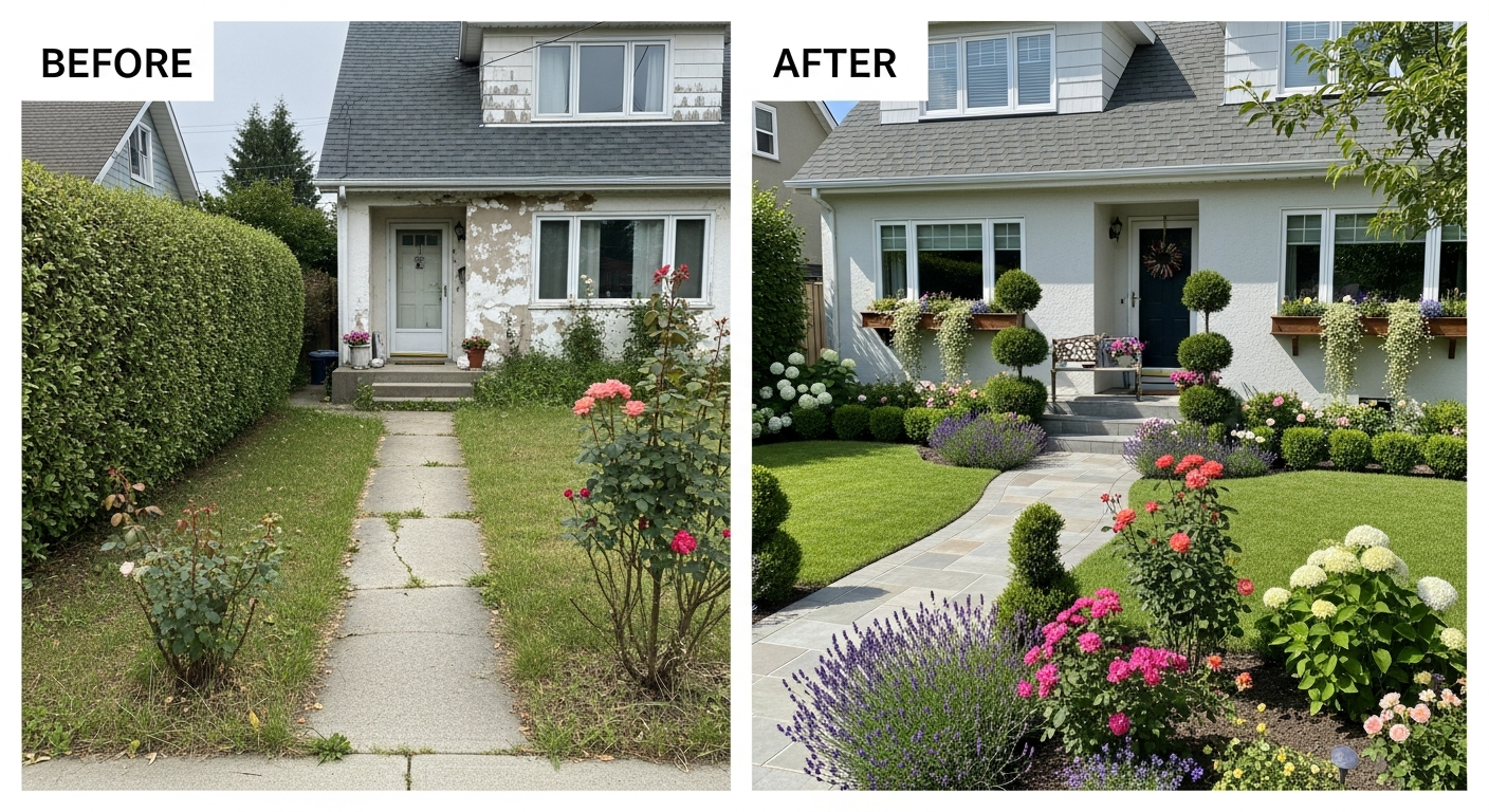 Front yard landscaping transformation before and after