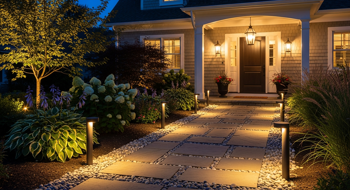 Front yard walkway, landscaping, and lighting
